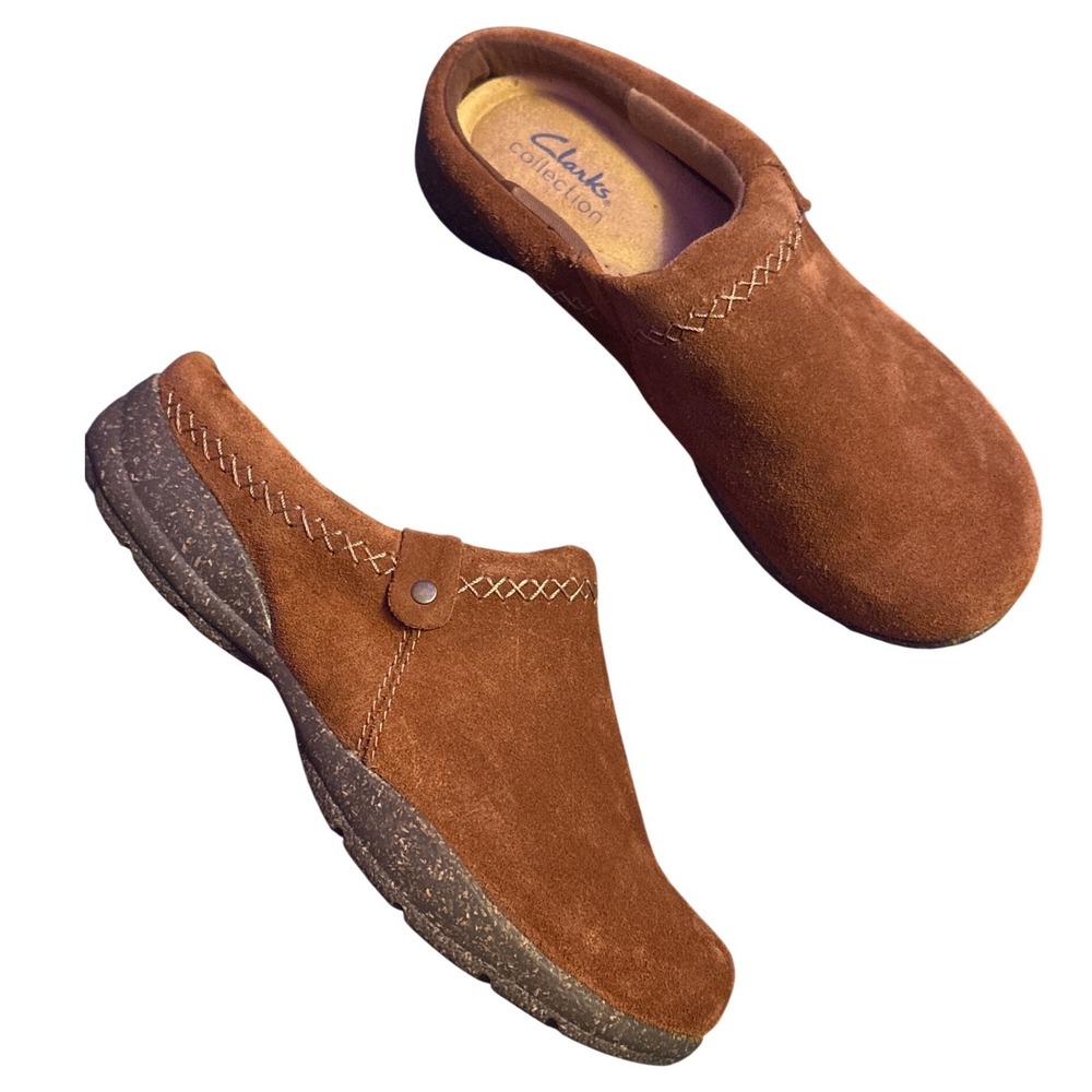 Clarks Collection Brown Suede Clog Mules Comfort Slip On Shoes Size 7 Wide
